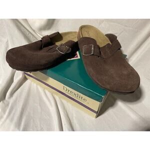 Drexlite Soft Suede Mules Women’s 9M Brown Genuine Leather Softbed Buckle NEW